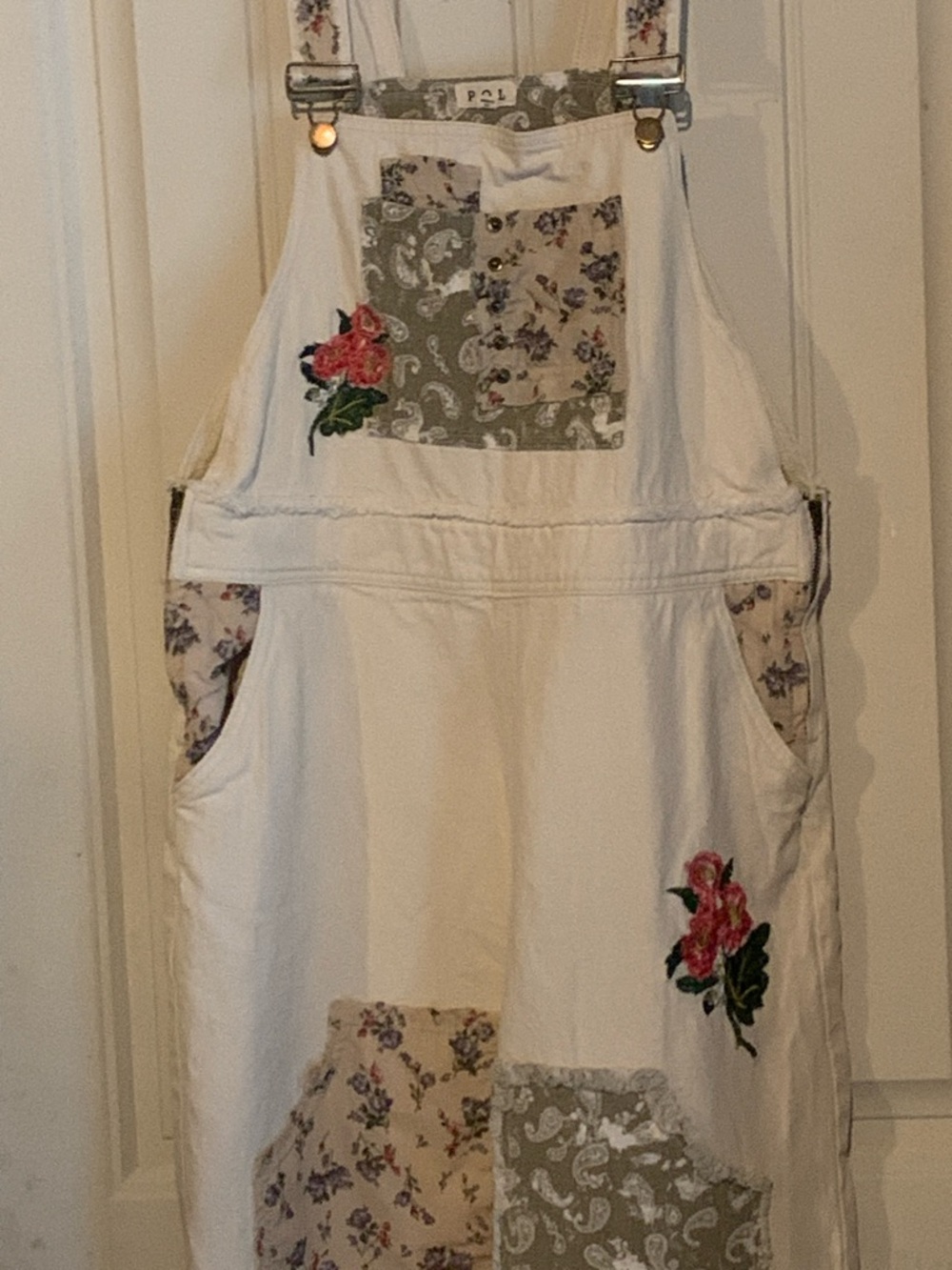 Cream Patchwork BOHO  farmer girl Coveralls with Floral Pocket Applique